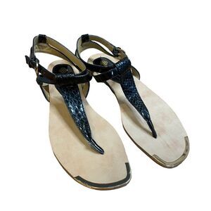 Isola Snakeskin Embossed T-Strap Sandals Black Patent Leather Ankle Strap 8